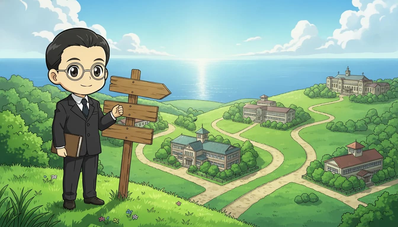 新渡戸稲造が、丘の上の道しるべの前で、谷の向こうのいくつもの学校と海を見渡している