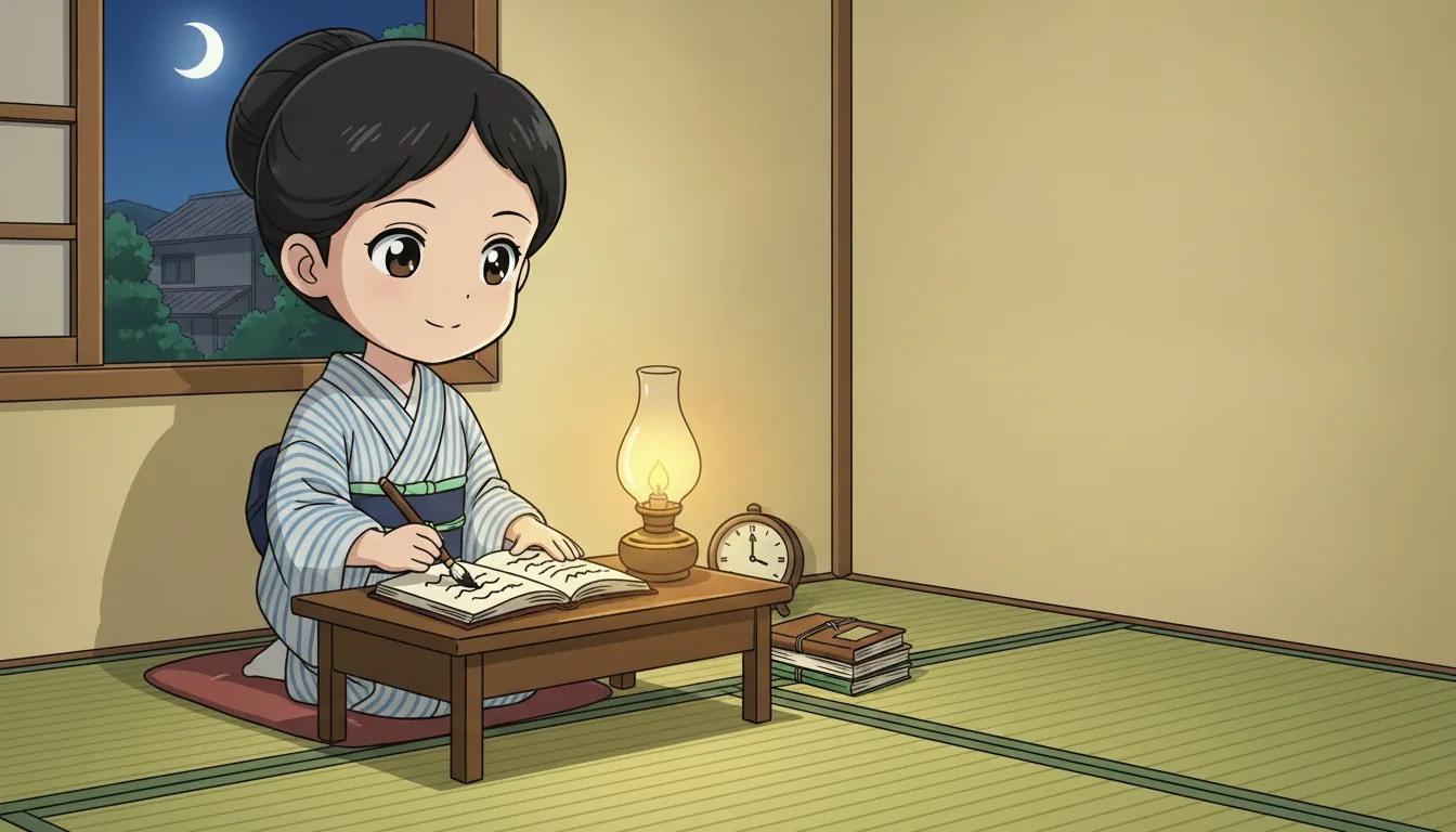 樋口一葉が、夜にランプの灯りで、今日のことを日記に書いている