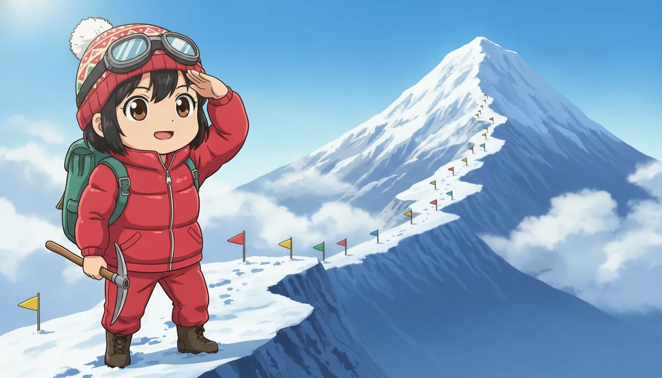 田部井淳子が、雪の尾根から頂上を見上げている。頂上まで小さな旗が続き、あと何本かが見える