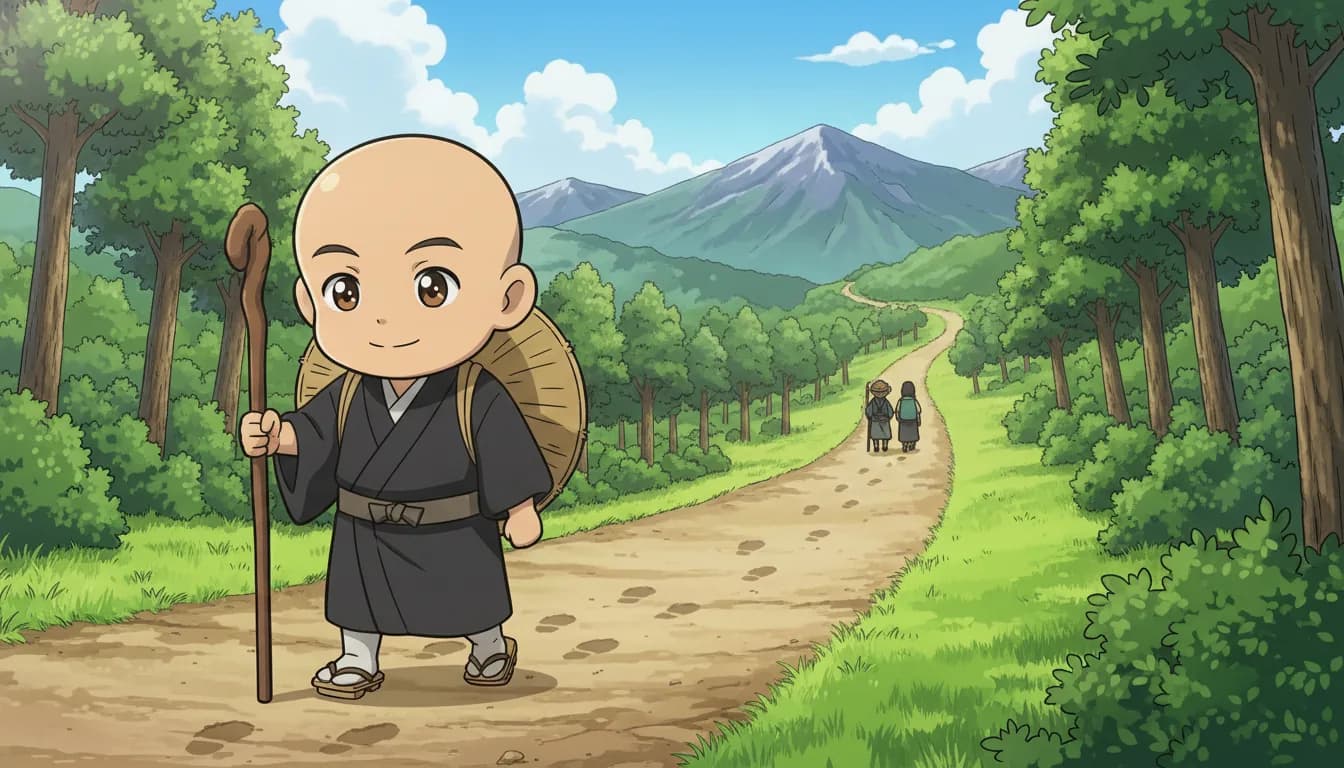 松尾芭蕉が、先を行く旅人の足あとが続く山道を、杖をついて歩いている